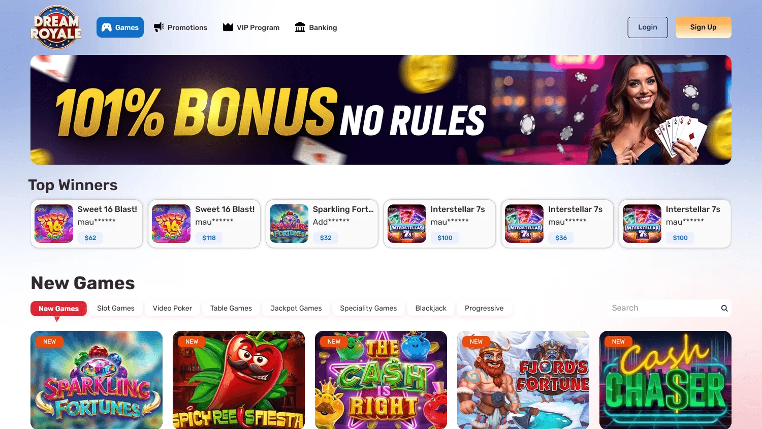 Dream Royale Casino desktop games view with casino categories