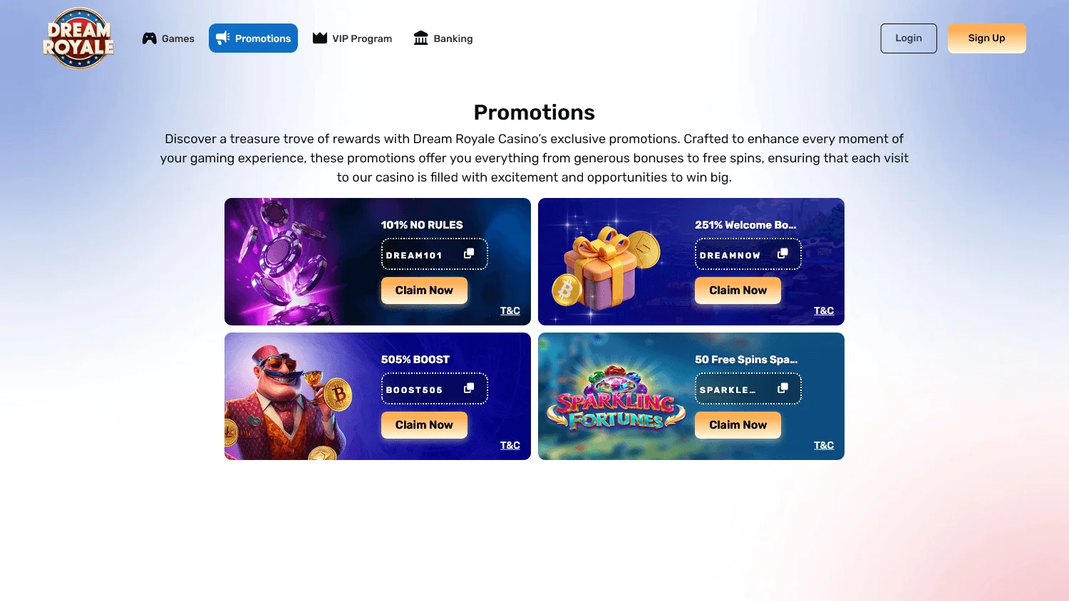 Dream Royale Casino desktop promotions view with bonus offers