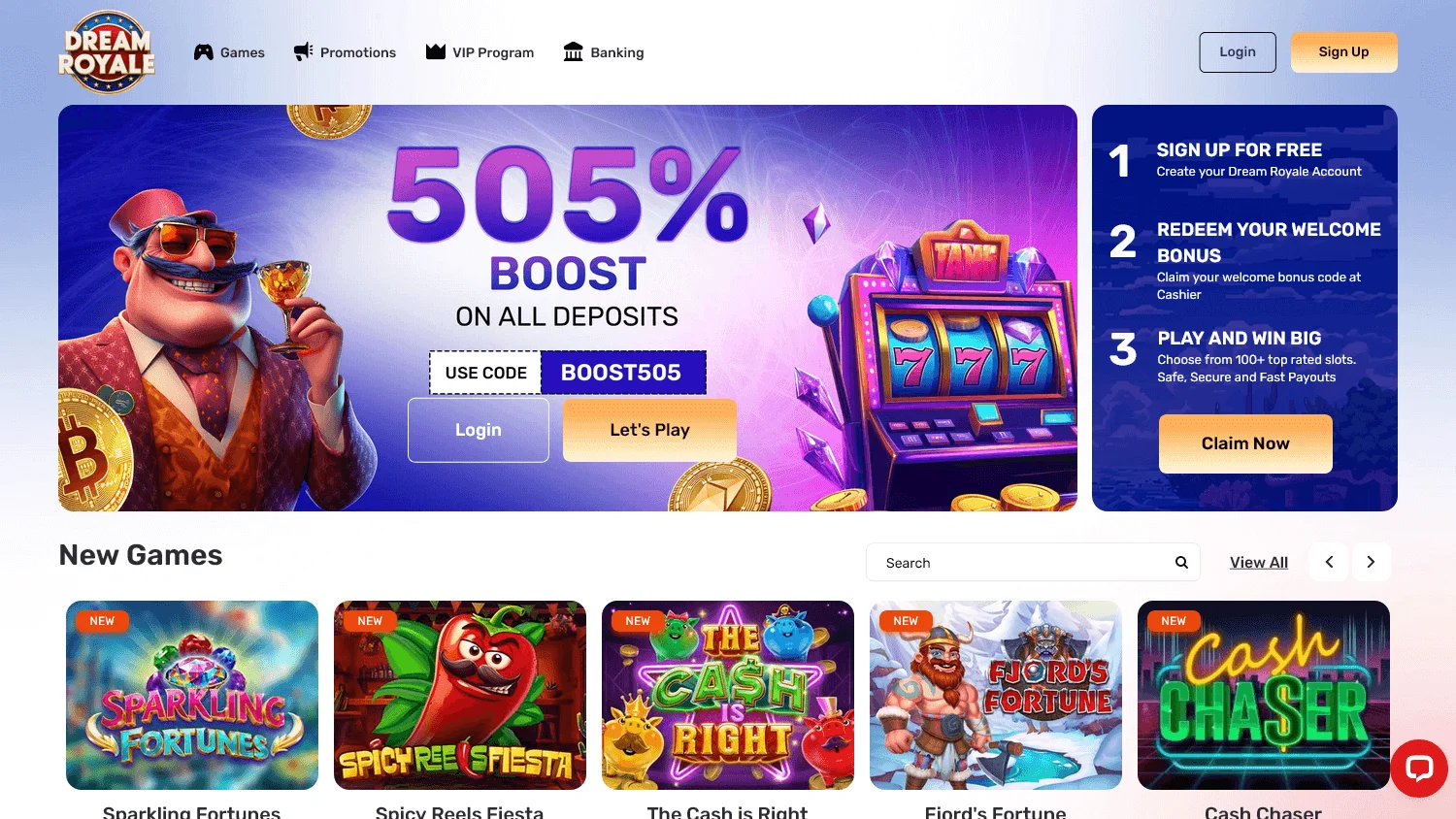 Dream Royale Casino desktop home view with the welcome offer