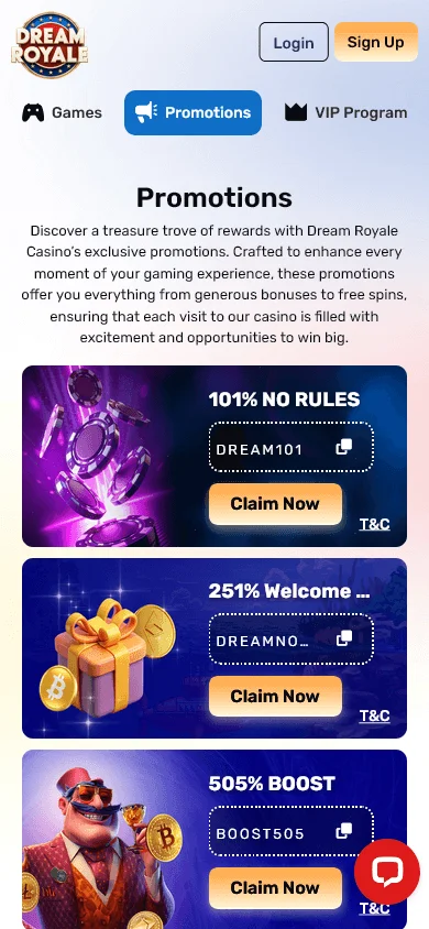 Dream Royale Casino mobile browser promotions view