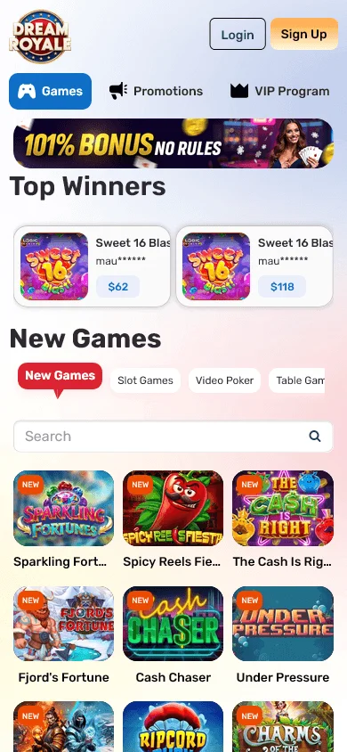 Dream Royale Casino mobile browser games view