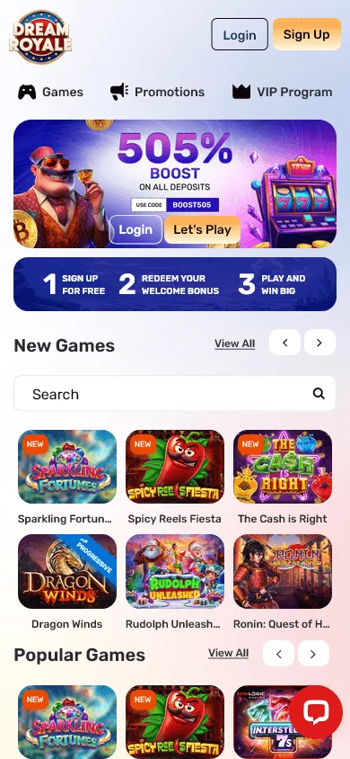 Dream Royale Casino mobile browser home view